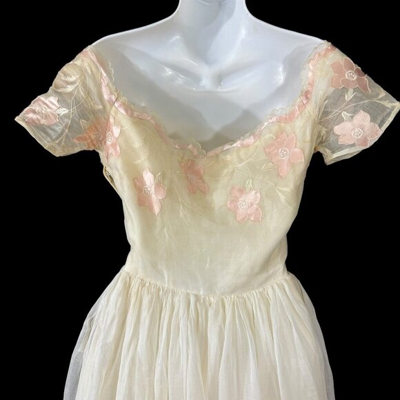 Harry Keiser Party Dress Yellow Organza Flower Applique Size 6 Vintage 1950s - Picture 9 of 12